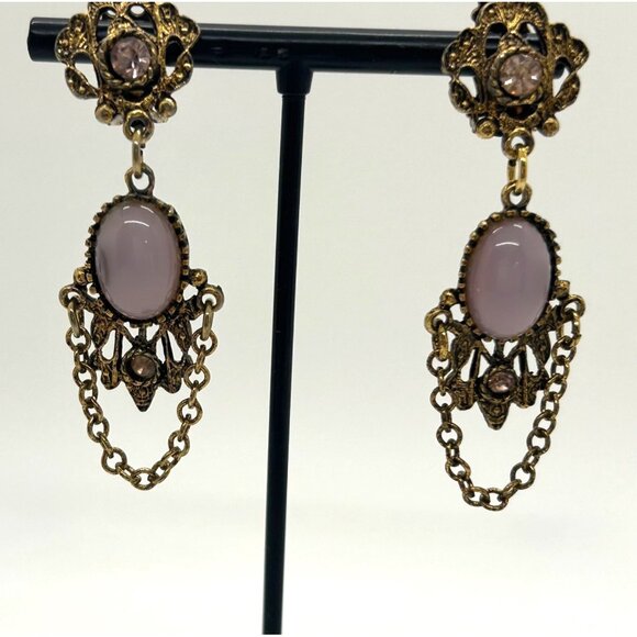 Estate Jewelry - Vintage Gold Tone Drop Earrings Lavender Cabochons & Chain Dangles Elegant Retro